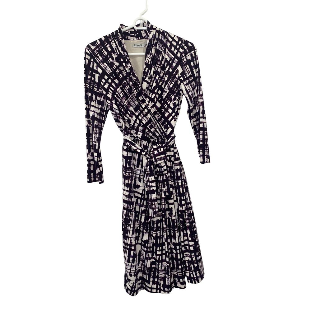Eliza J Abstract Geometric Print Mock Neck Midi Wrap Dress Black White Size 4